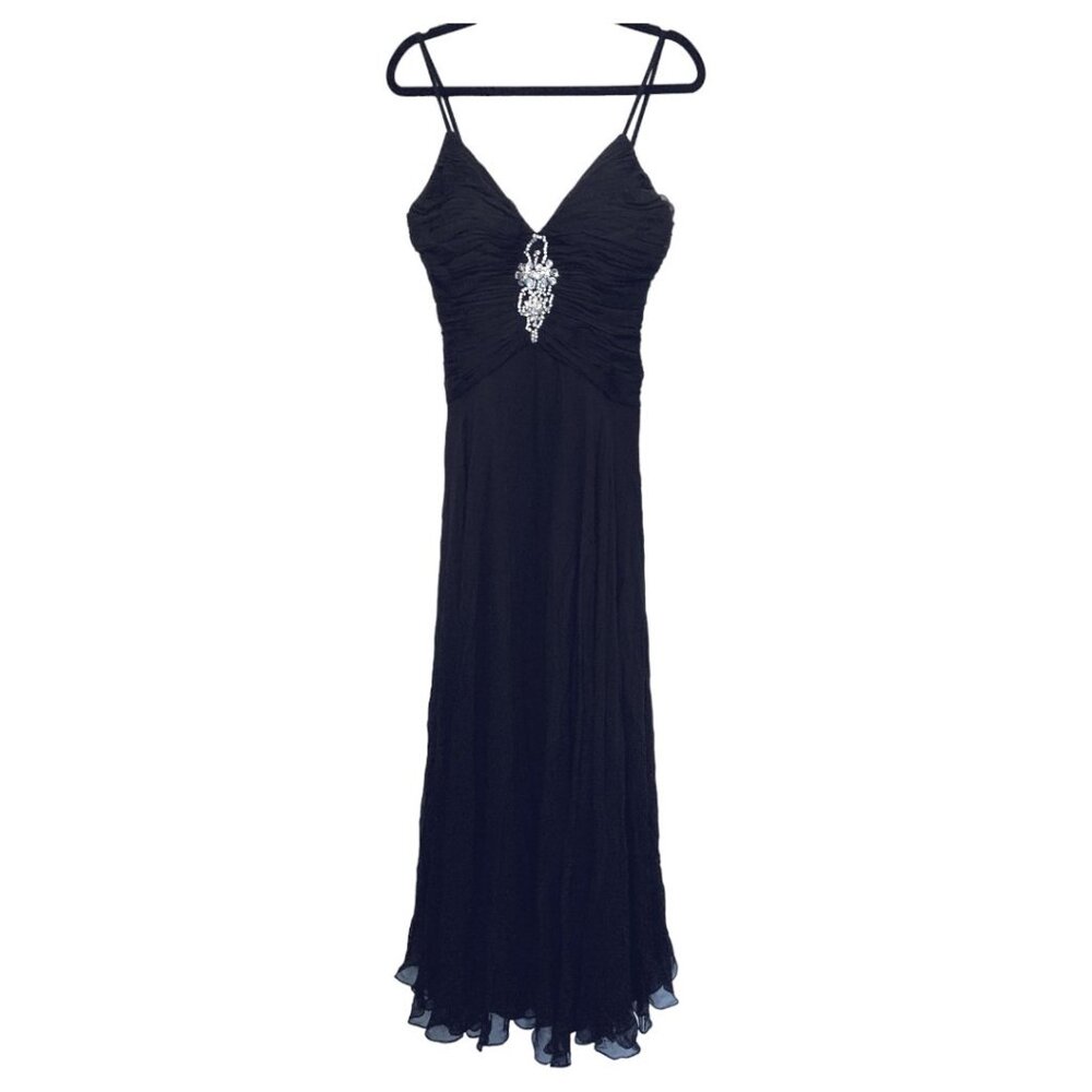 Basix lI Silk Chiffon Formal Full-Length Gown, Crystal Brooch size 8, black